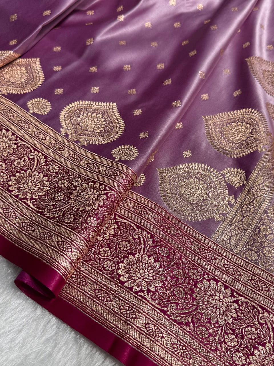 Lavender with Rani Booti Satin Katan Silk saree SK29
