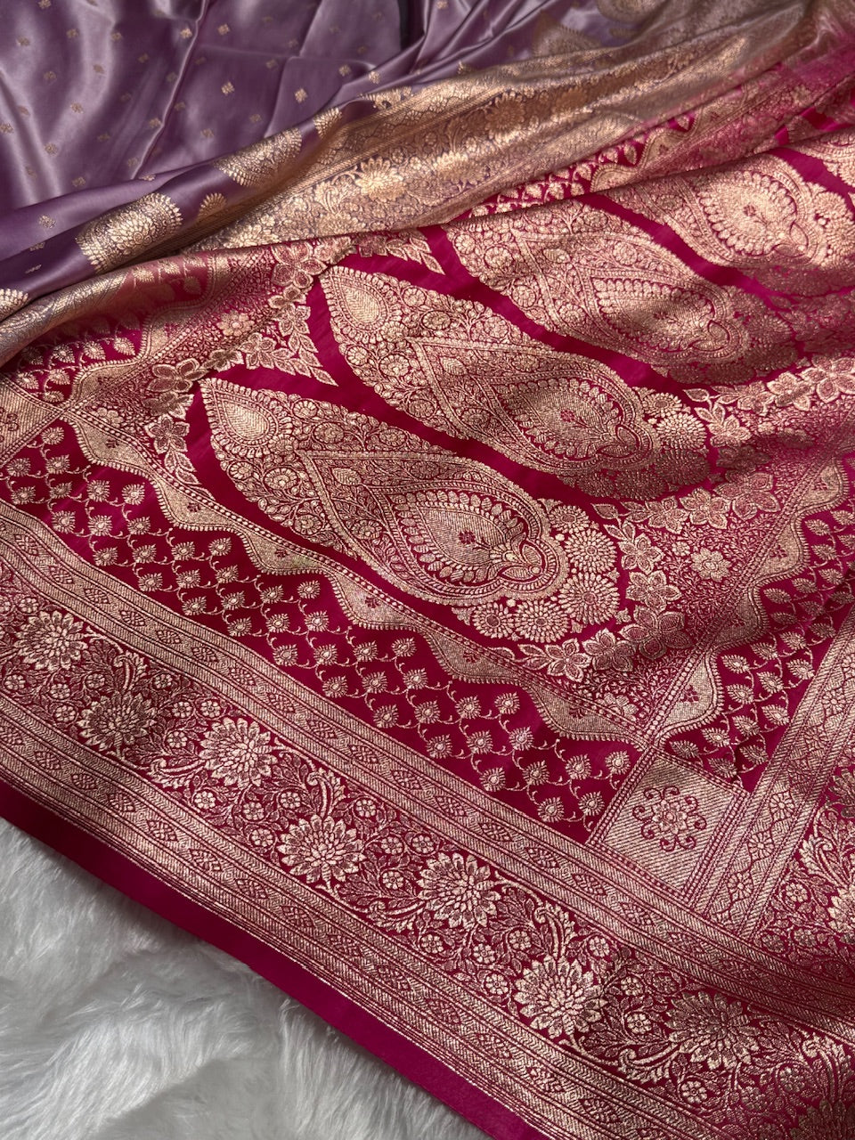 Lavender with Rani Booti Satin Katan Silk saree SK29