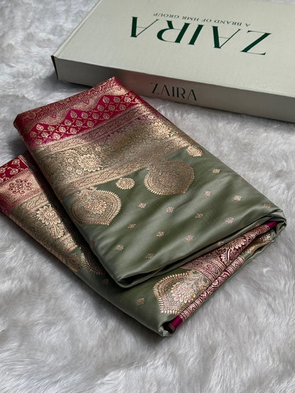 Pista with Rani Booti Satin Katan Silk saree SK29