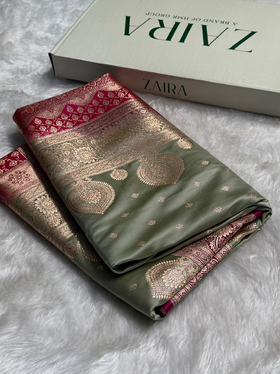 Pista with Rani Booti Satin Katan Silk saree SK29
