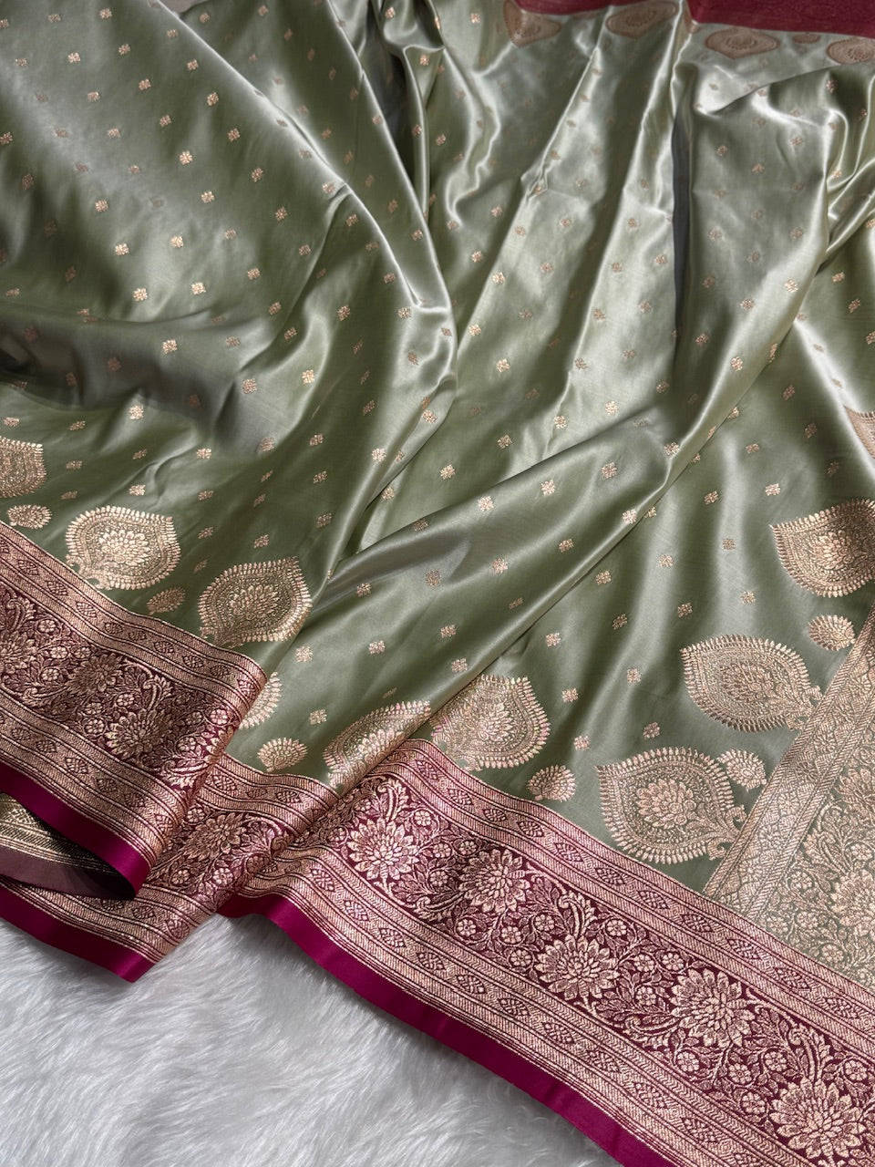 Pista with Rani Booti Satin Katan Silk saree SK29