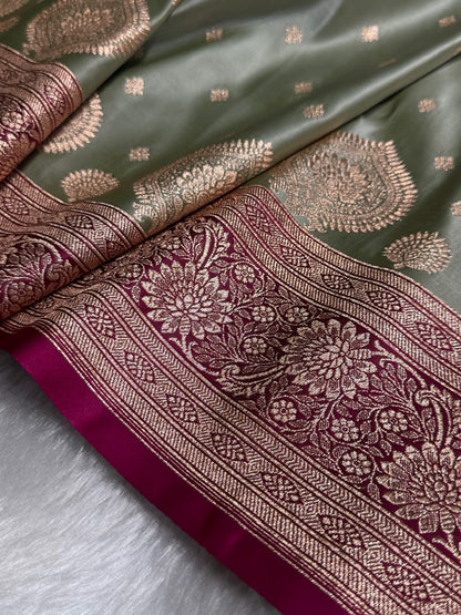 Pista with Rani Booti Satin Katan Silk saree SK29