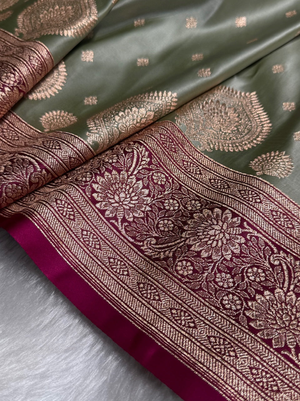 Pista with Rani Booti Satin Katan Silk saree SK29