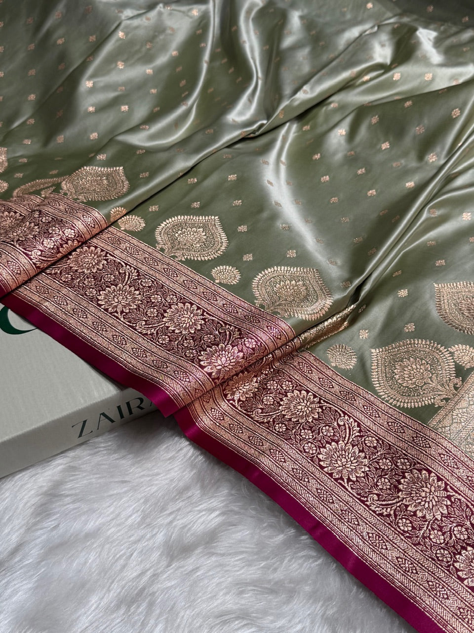 Pista with Rani Booti Satin Katan Silk saree SK29