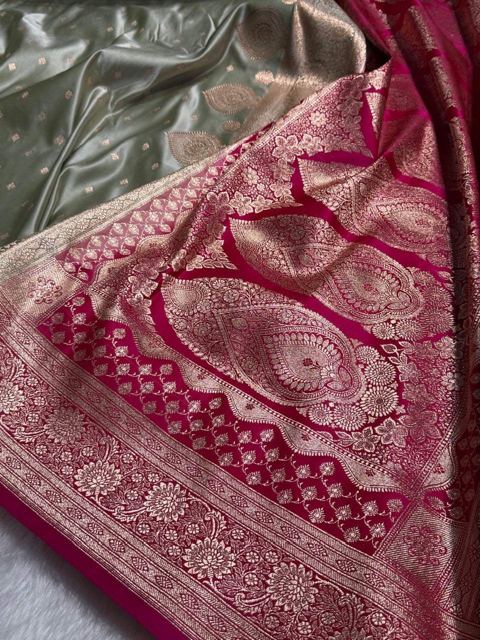 Pista with Rani Booti Satin Katan Silk saree SK29