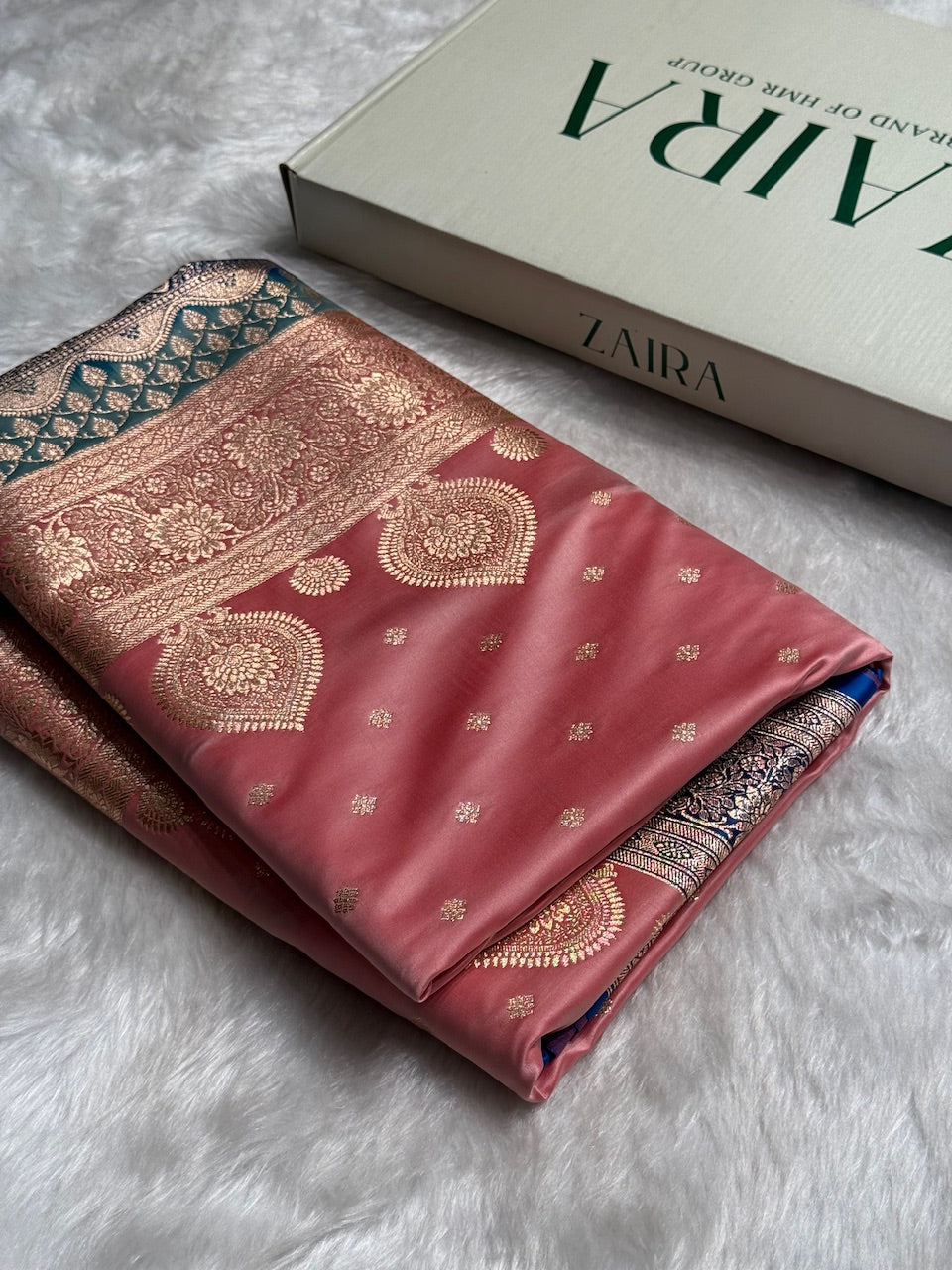 Baby Pink with Royal Blue Booti Satin Katan Silk saree SK29