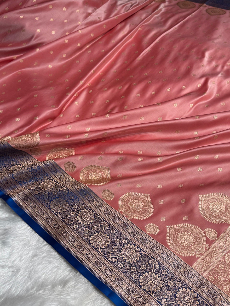 Baby Pink with Royal Blue Booti Satin Katan Silk saree SK29