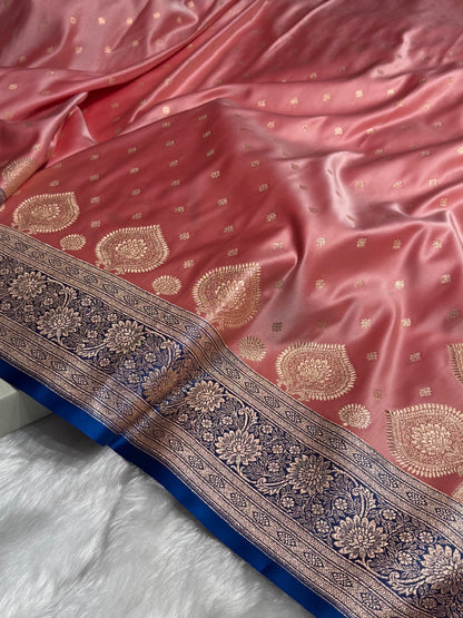 Baby Pink with Royal Blue Booti Satin Katan Silk saree SK29