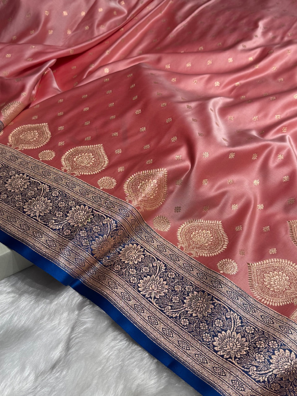 Baby Pink with Royal Blue Booti Satin Katan Silk saree SK29