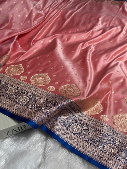 Baby Pink with Royal Blue Booti Satin Katan Silk saree SK29