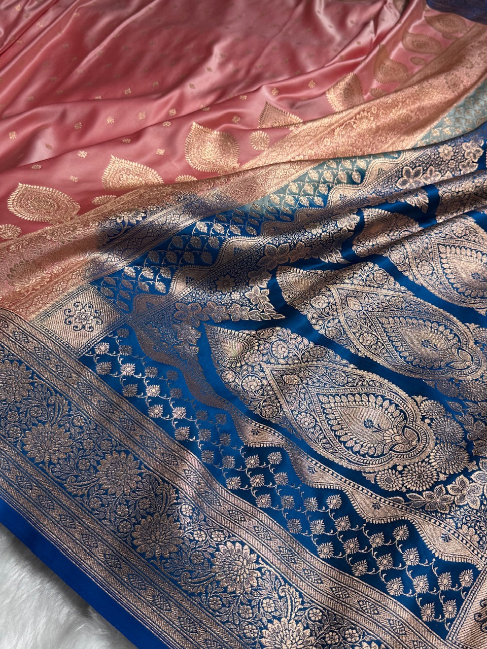 Baby Pink with Royal Blue Booti Satin Katan Silk saree SK29