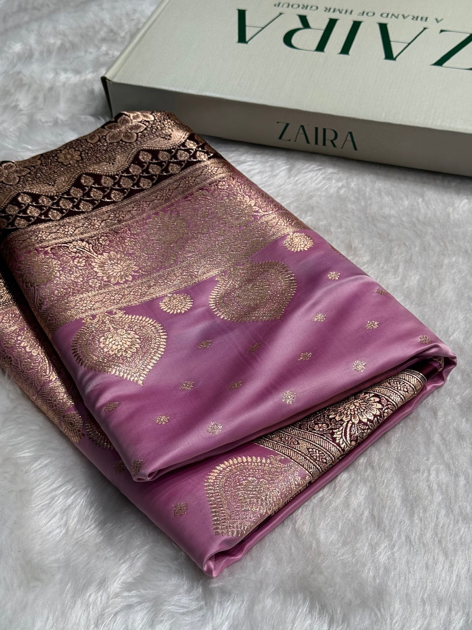 Lavender with Chocolate Booti Satin Katan Silk saree SK29