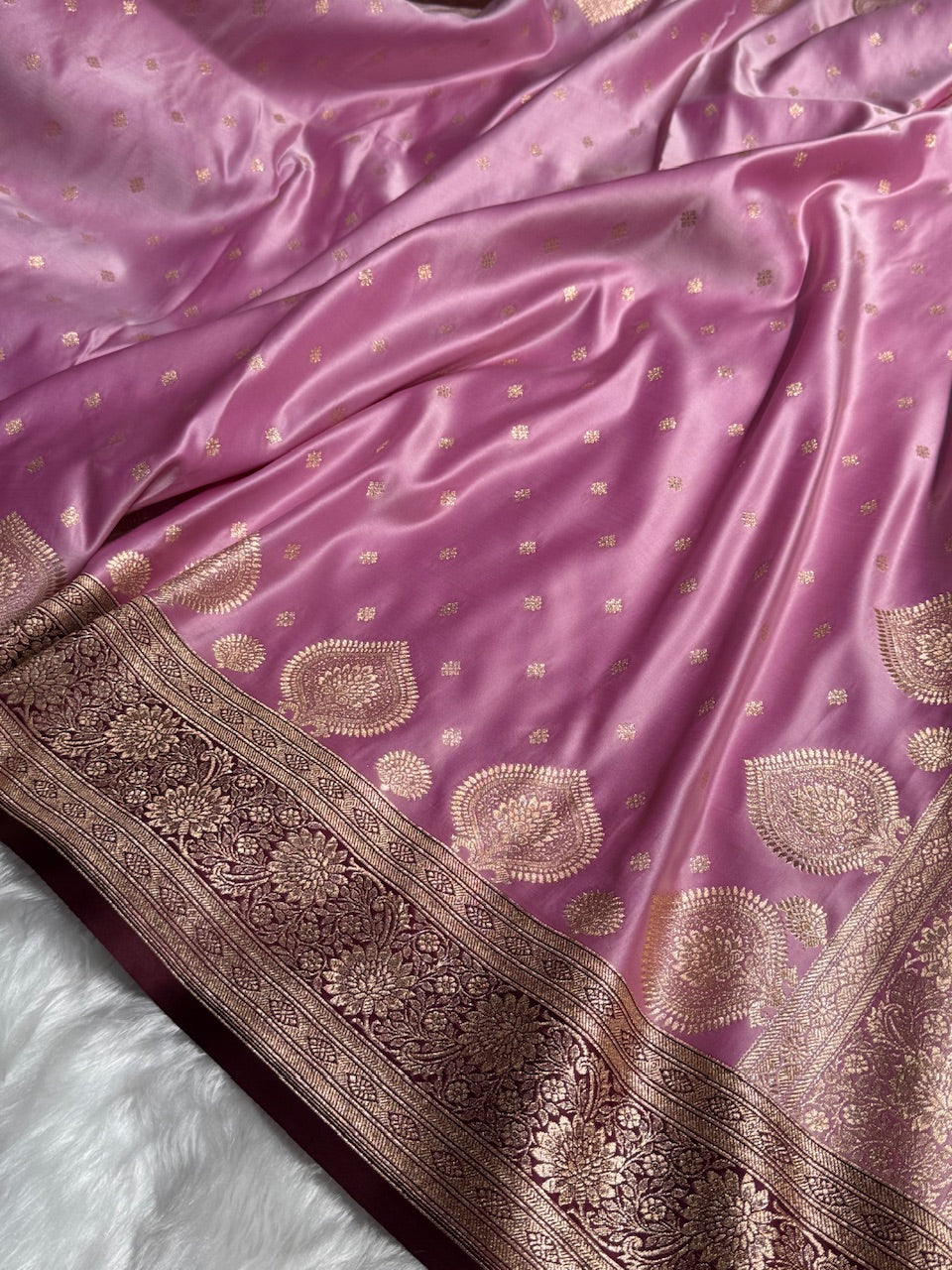 Lavender with Chocolate Booti Satin Katan Silk saree SK29