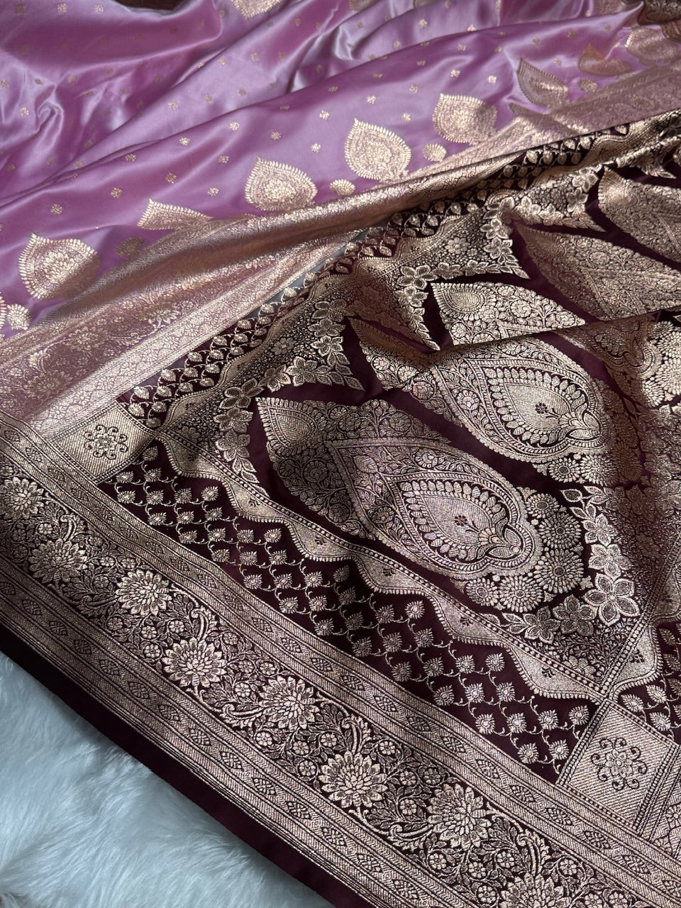 Lavender with Chocolate Booti Satin Katan Silk saree SK29