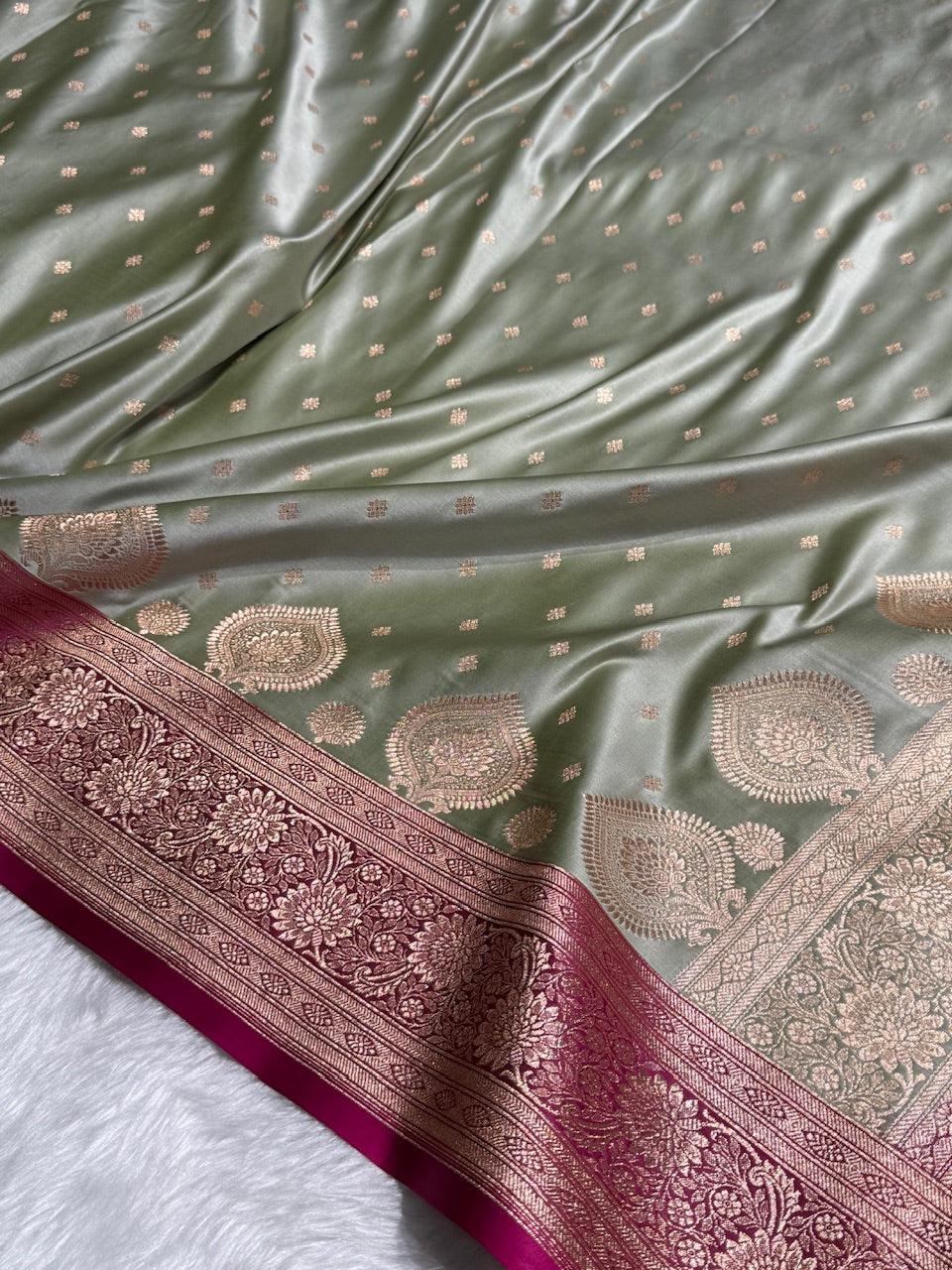 Pista with Wine Booti Satin Katan Silk saree SK29