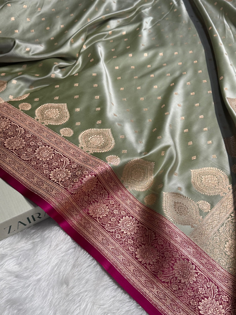 Pista with Wine Booti Satin Katan Silk saree SK29