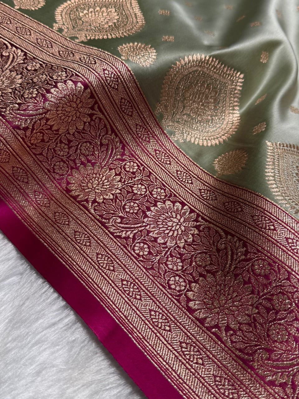 Pista with Wine Booti Satin Katan Silk saree SK29