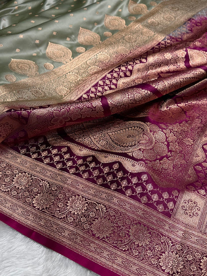 Pista with Wine Booti Satin Katan Silk saree SK29