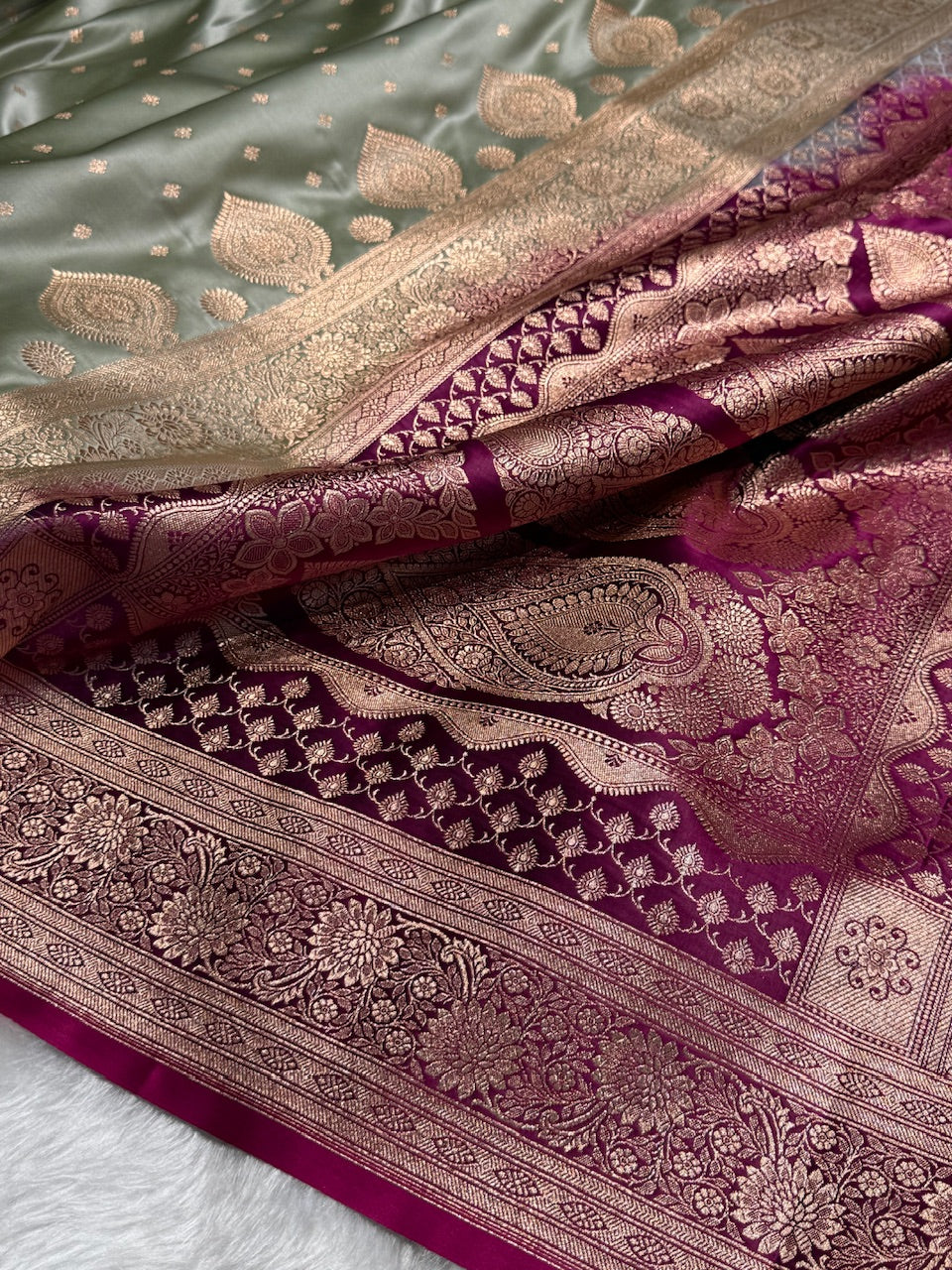Pista with Wine Booti Satin Katan Silk saree SK29