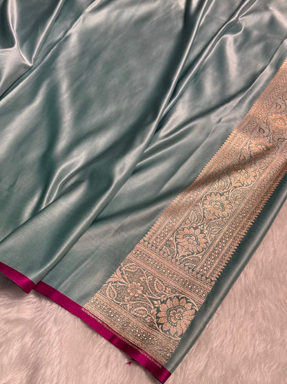 Turquoise Booti Satin katan Silk Saree SK11
