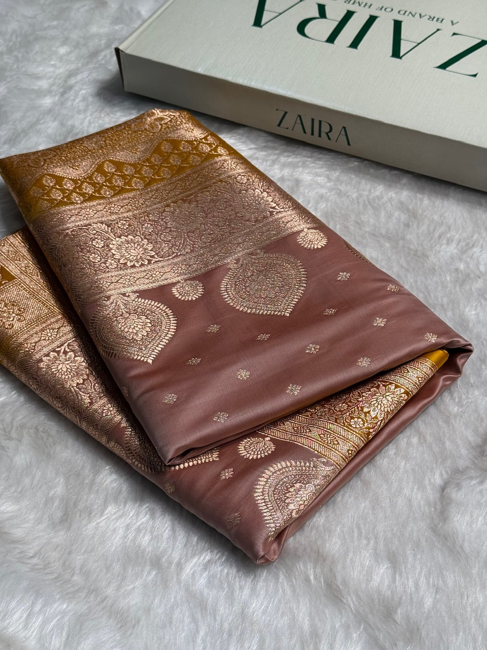 Rose Gold with Mustard Booti Satin Katan Silk saree SK29