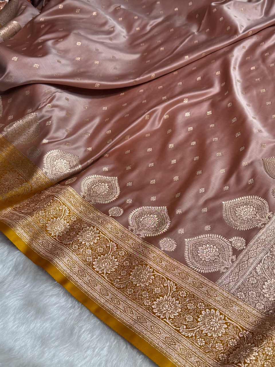 Rose Gold with Mustard Booti Satin Katan Silk saree SK29
