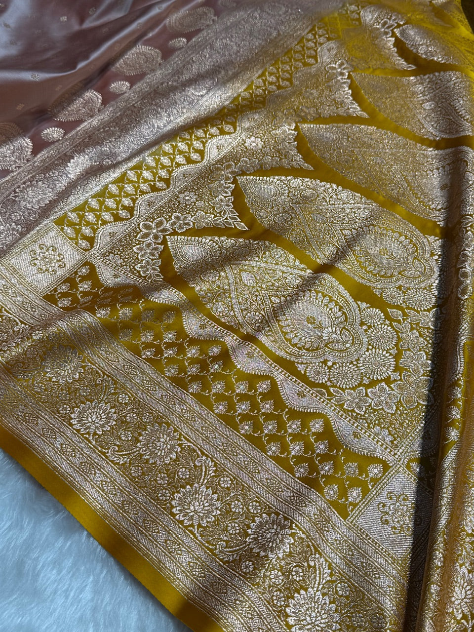 Rose Gold with Mustard Booti Satin Katan Silk saree SK29