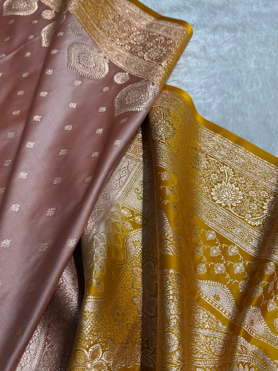 Rose Gold with Mustard Booti Satin Katan Silk saree SK29