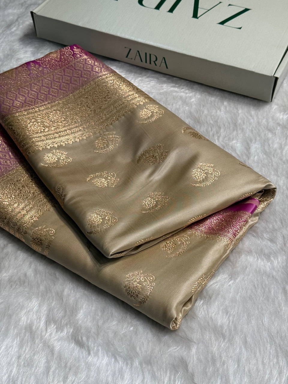Tusser with Lavender Floral Boota Satin Katan Silk saree SK27