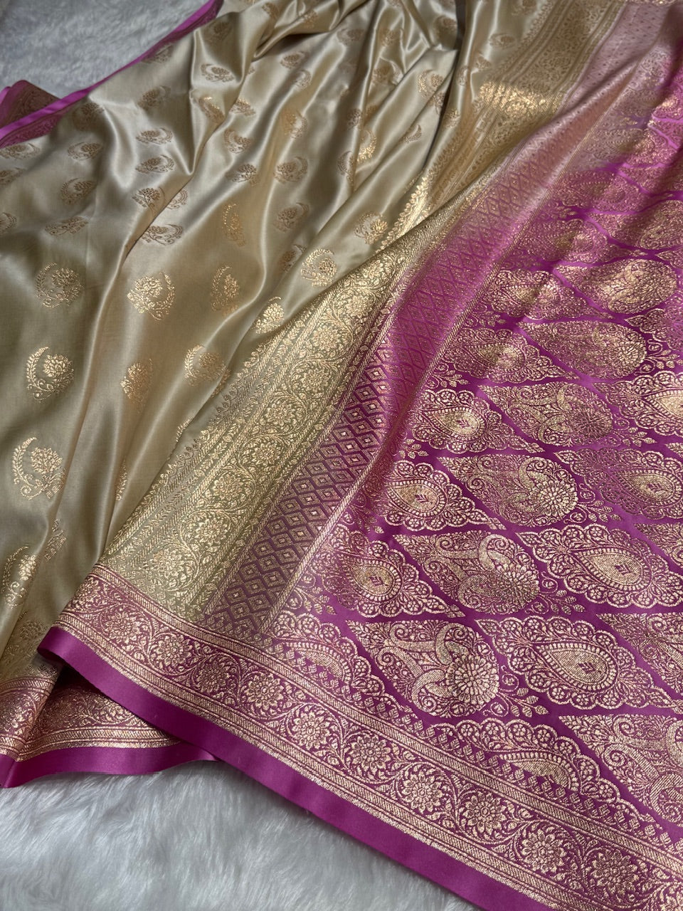 Tusser with Lavender Floral Boota Satin Katan Silk saree SK27