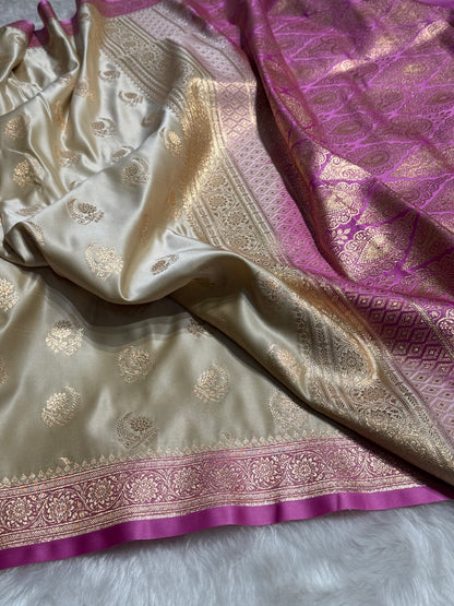 Tusser with Lavender Floral Boota Satin Katan Silk saree SK27
