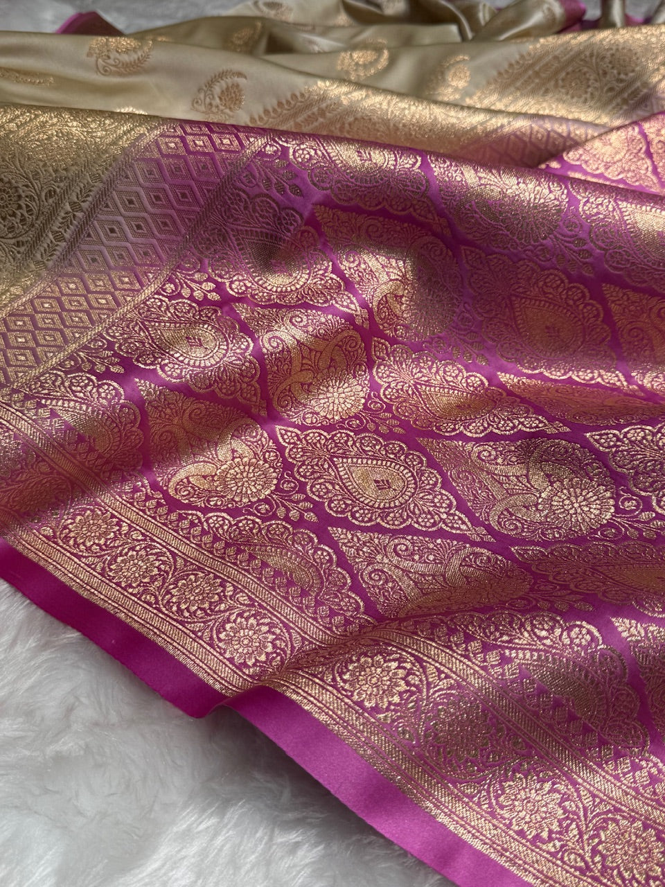 Tusser with Lavender Floral Boota Satin Katan Silk saree SK27