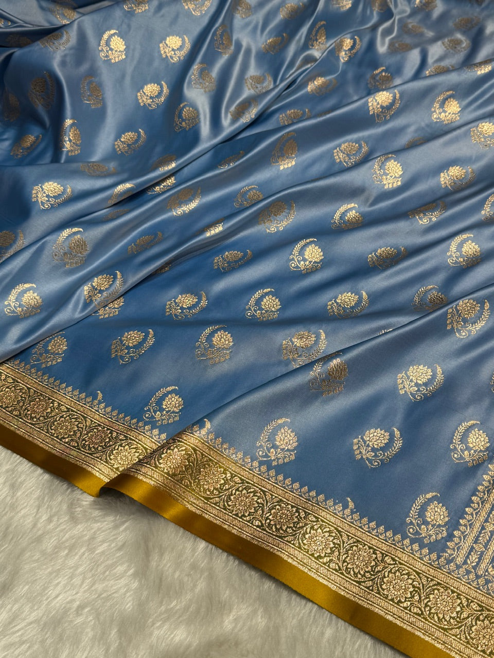Nile Blue with Mustard Floral Boota Satin Katan Silk saree SK27
