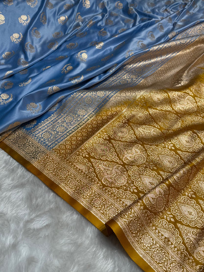 Nile Blue with Mustard Floral Boota Satin Katan Silk saree SK27