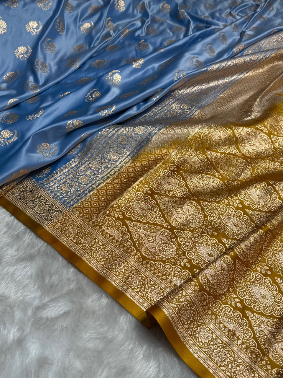 Nile Blue with Mustard Floral Boota Satin Katan Silk saree SK27