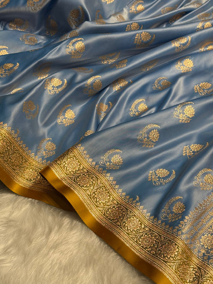 Nile Blue with Mustard Floral Boota Satin Katan Silk saree SK27