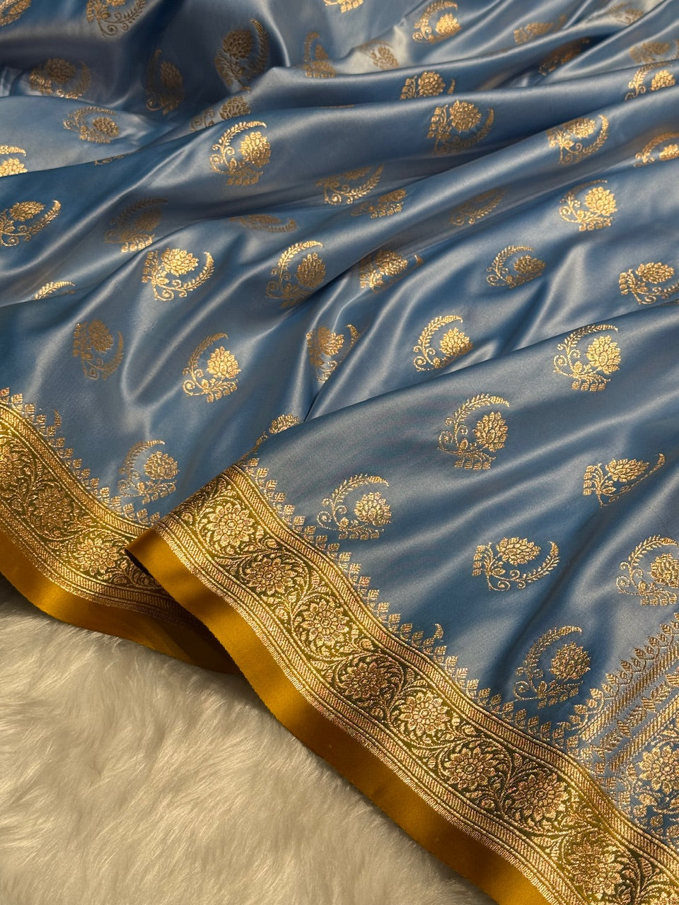 Nile Blue with Mustard Floral Boota Satin Katan Silk saree SK27