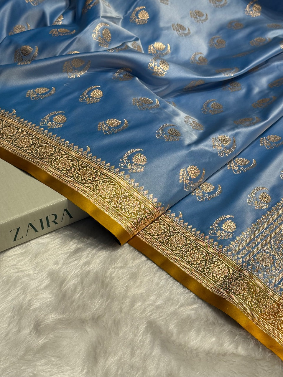 Nile Blue with Mustard Floral Boota Satin Katan Silk saree SK27