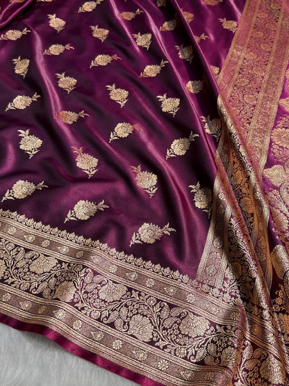 Satin Silk Saree Floral Boota in Wine Shades SS26