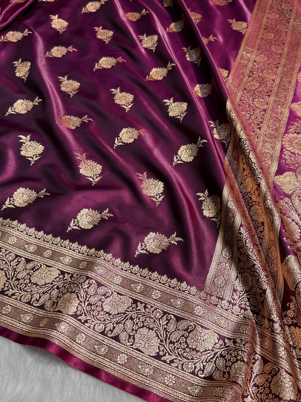 Satin Silk Saree Floral Boota in Wine Shades SS26