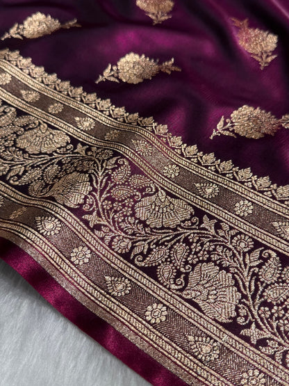 Satin Silk Saree Floral Boota in Wine Shades SS26