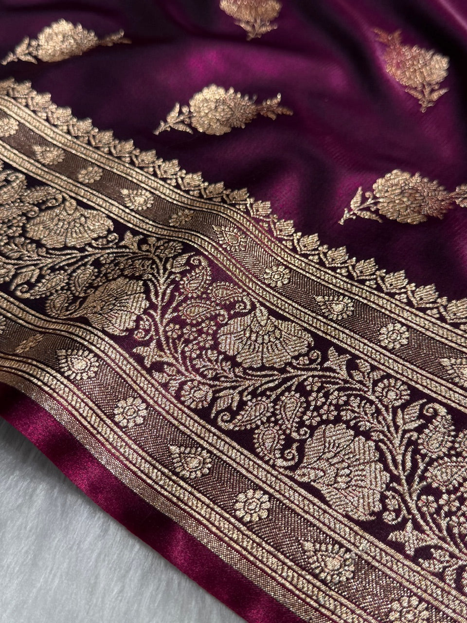 Satin Silk Saree Floral Boota in Wine Shades SS26
