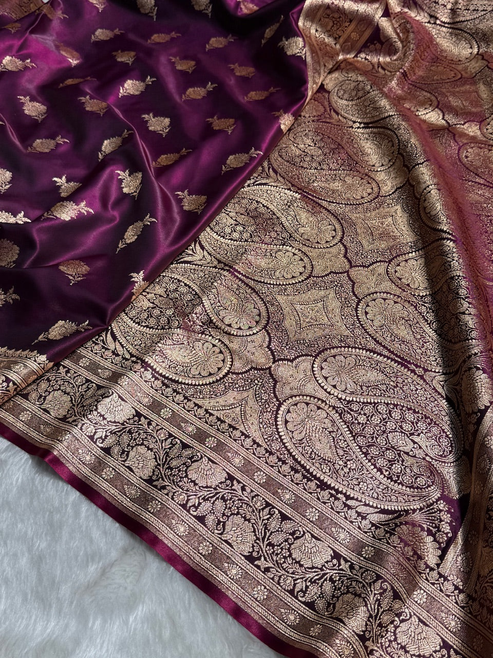 Satin Silk Saree Floral Boota in Wine Shades SS26