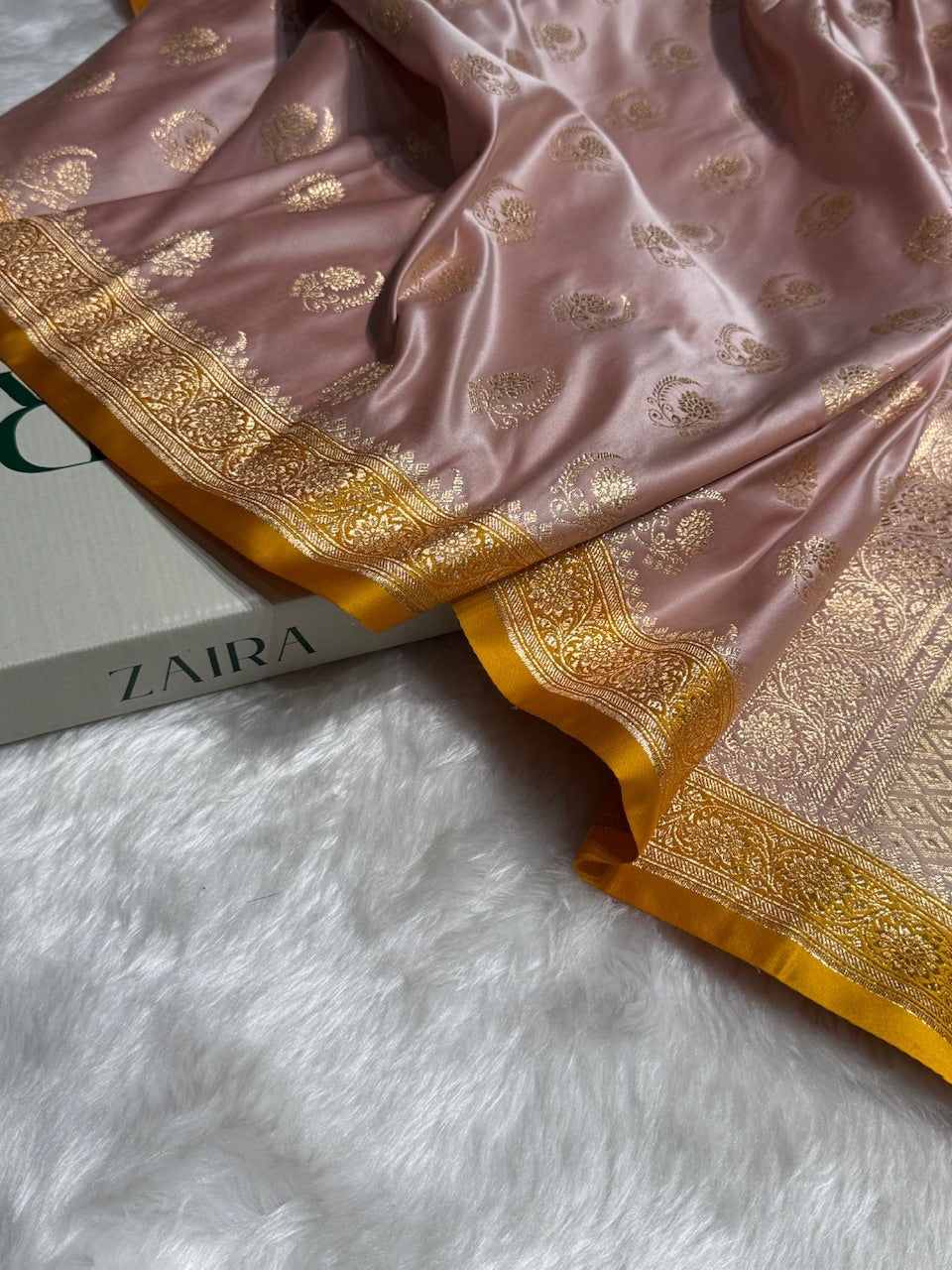Rose Gold with Mustard Floral Boota Satin Katan Silk saree SK27
