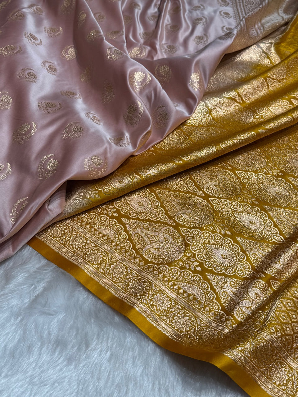 Rose Gold with Mustard Floral Boota Satin Katan Silk saree SK27