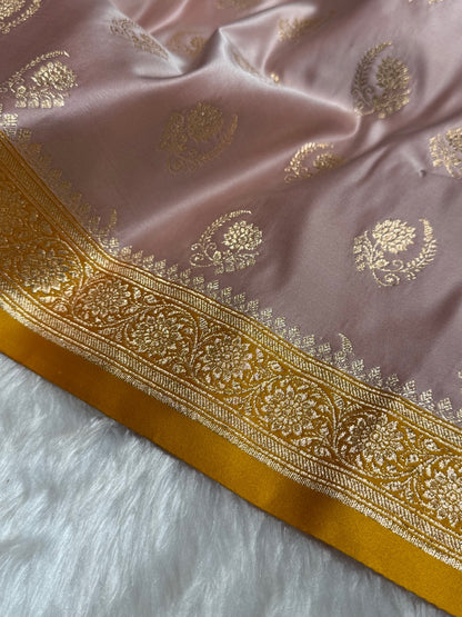 Rose Gold with Mustard Floral Boota Satin Katan Silk saree SK27