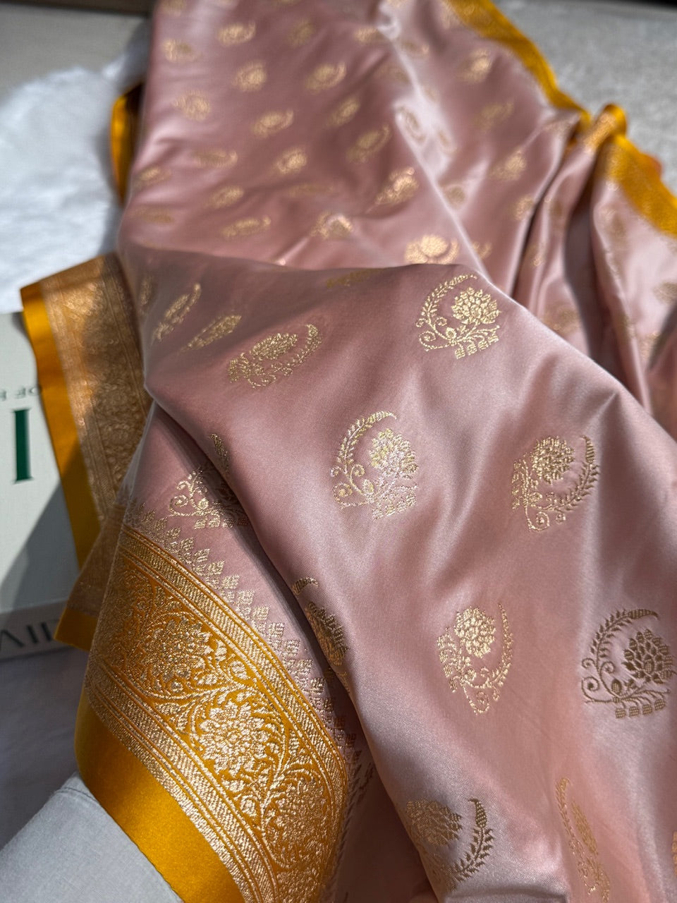 Rose Gold with Mustard Floral Boota Satin Katan Silk saree SK27
