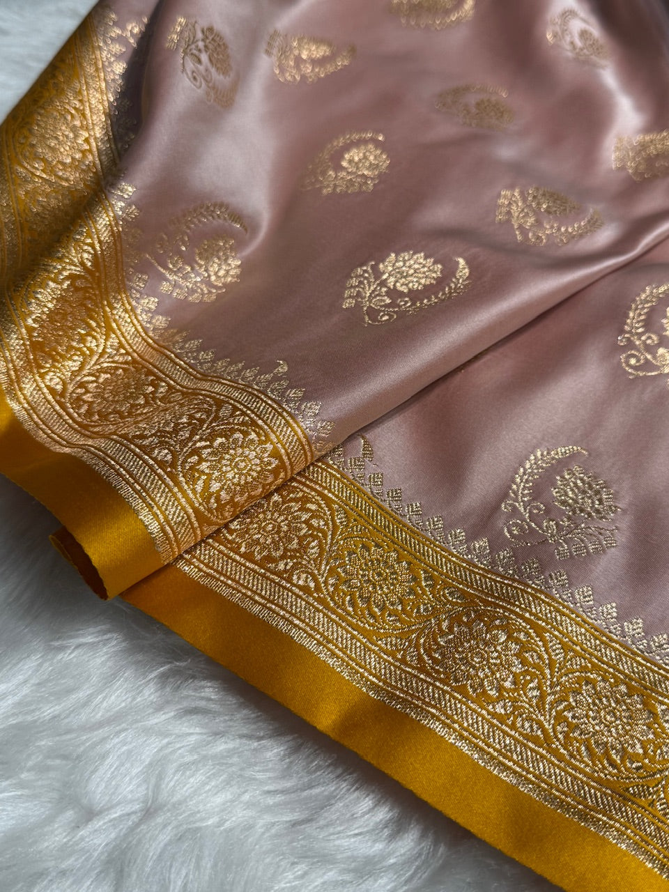 Rose Gold with Mustard Floral Boota Satin Katan Silk saree SK27