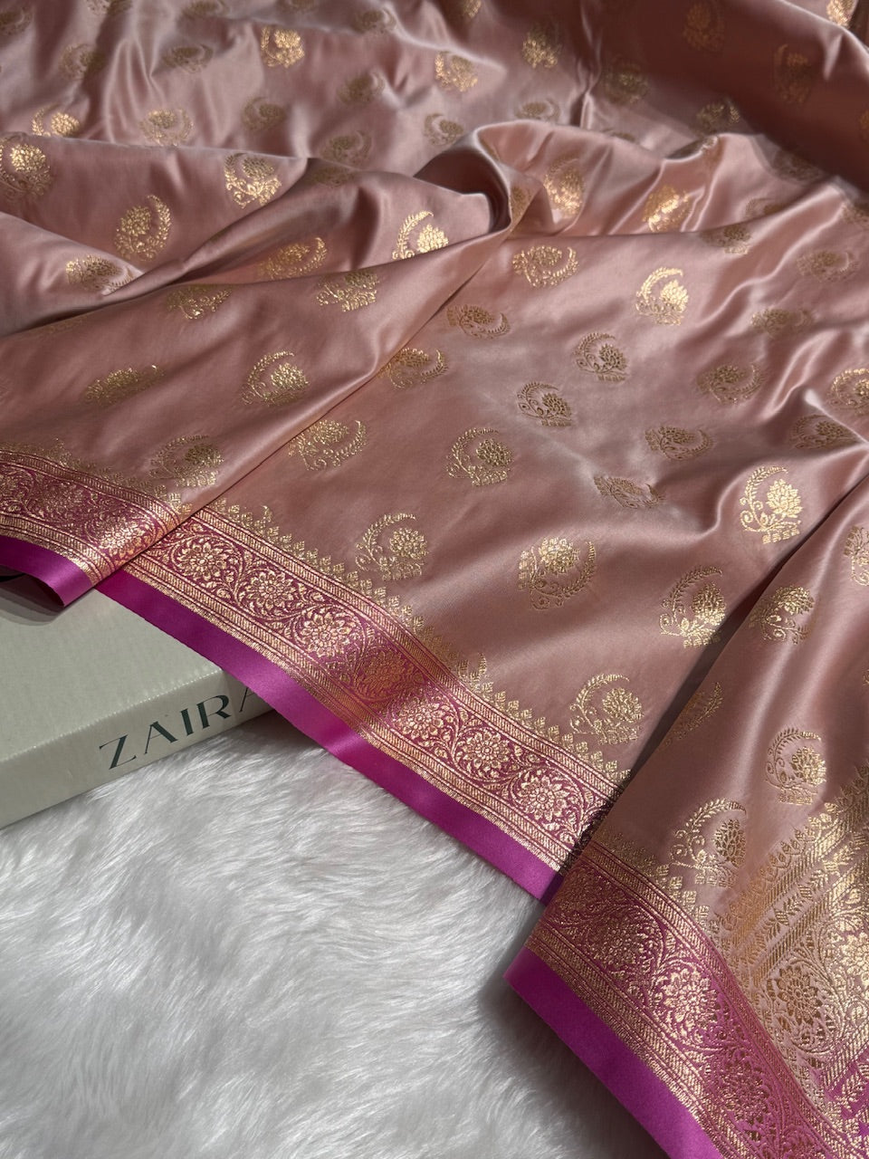 Rose Gold with Lavender Floral Boota Satin Katan Silk saree SK27