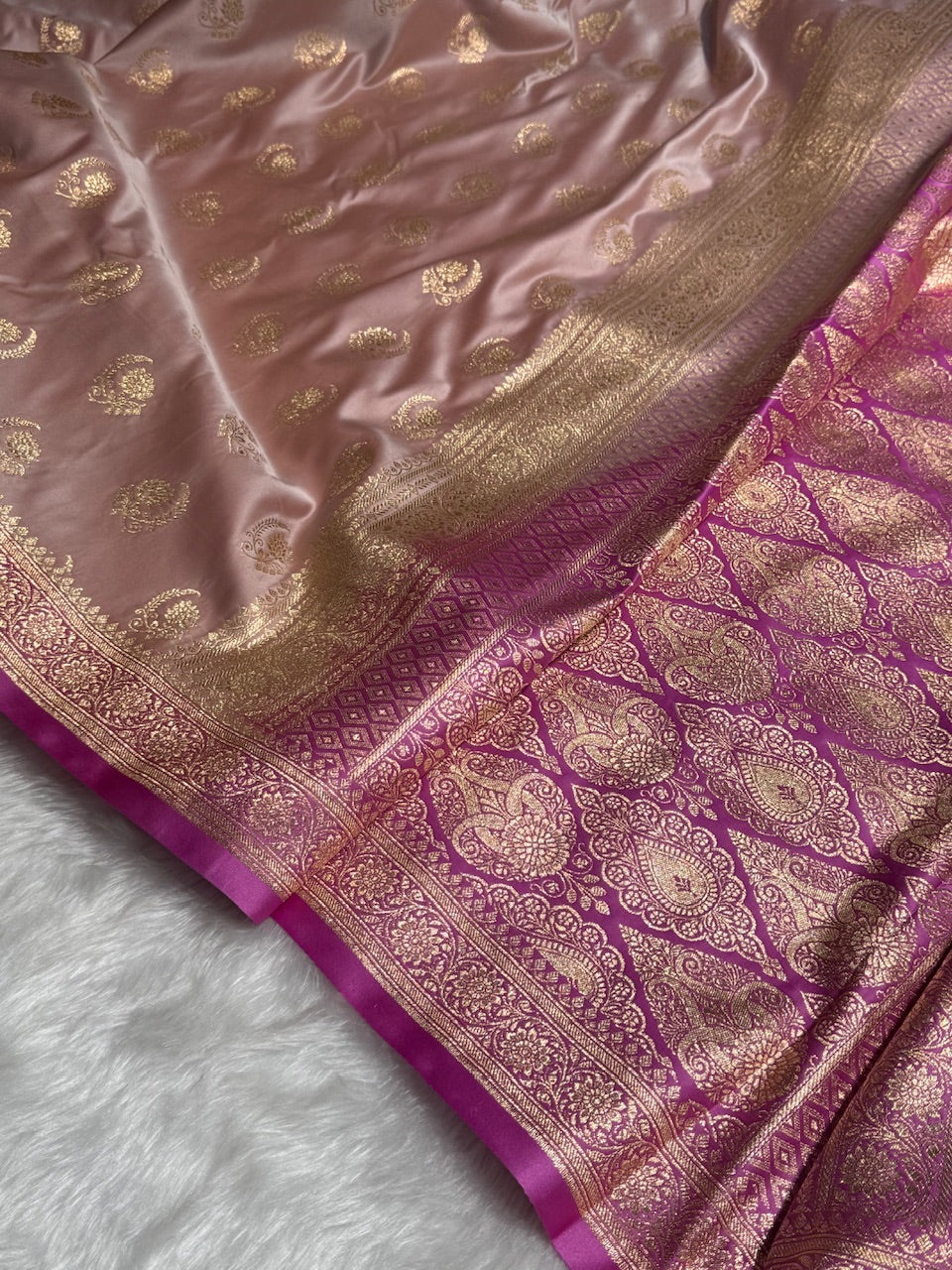 Rose Gold with Lavender Floral Boota Satin Katan Silk saree SK27